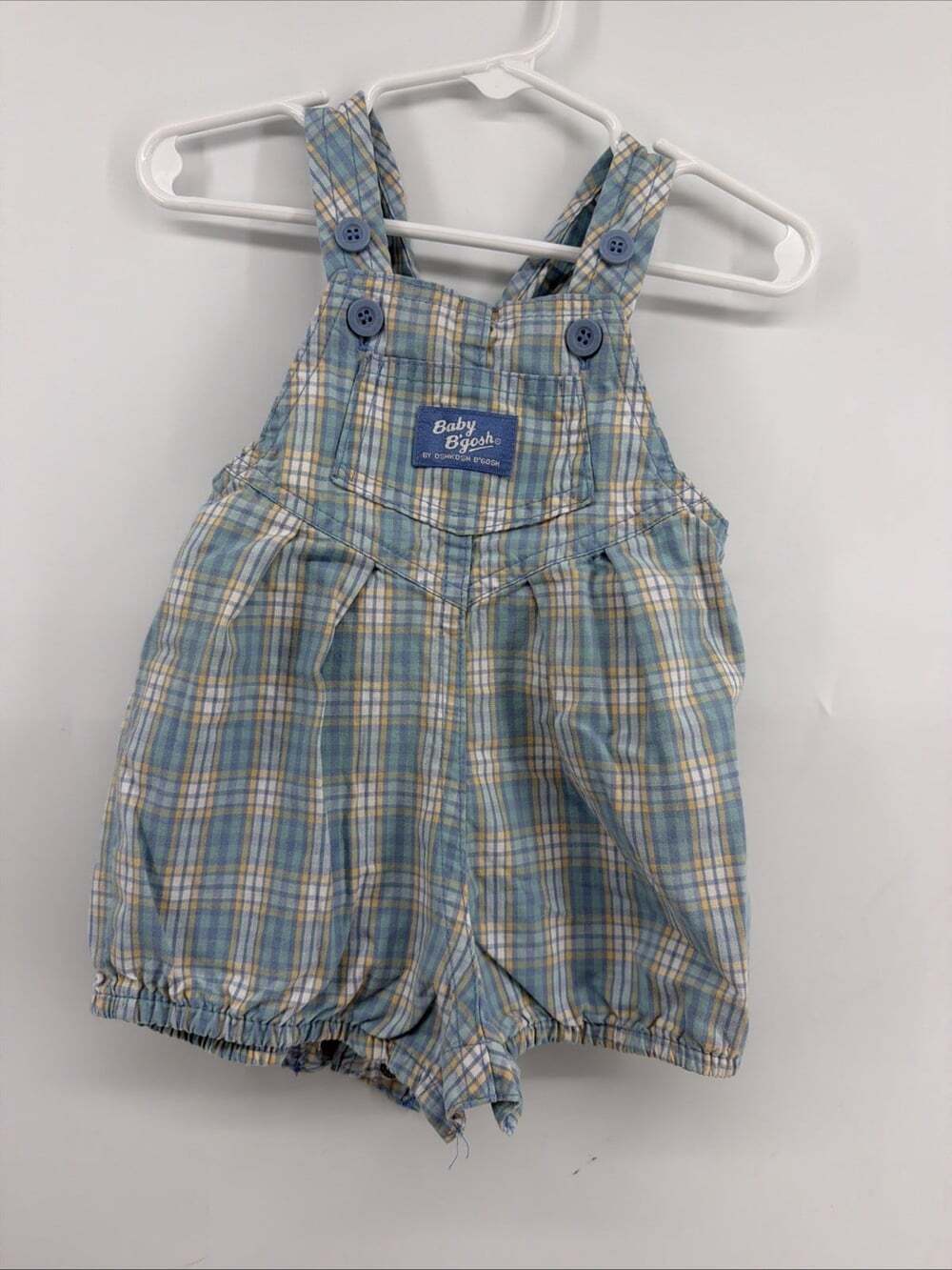 VTG Baby Bgosh Plaid Short Overalls Shortalls 6-9 Mo USA Blue Yellow OshKosh